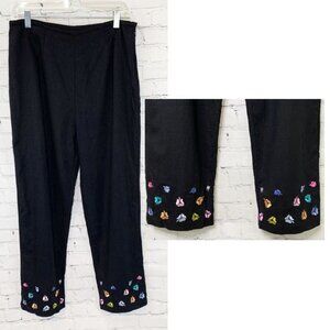 NICOLE STUDIO HIGH RISE BLACK LINEN STITCHED FLORAL PANTS - 12